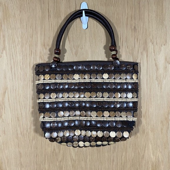 Handmade Coco Bead Shoulder Bag Brown Tan Boho Artsy Eclectic Beachy Resort Wear - Picture 2 of 8